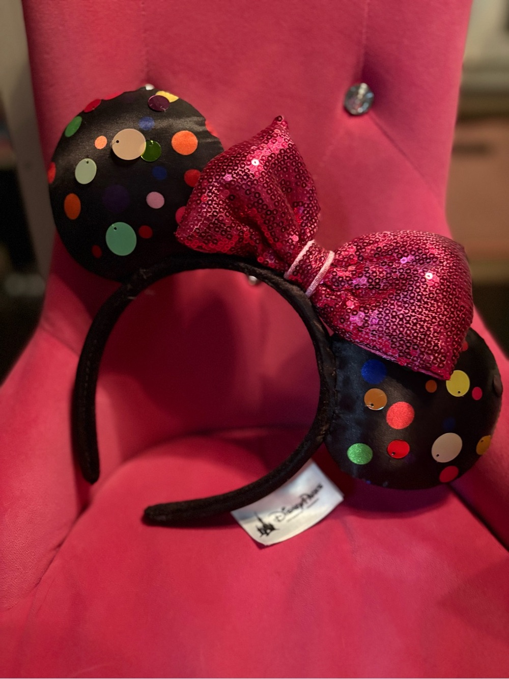 Disney Parks Black Polka Dot Minnie Ears Headband with Pink Sequin Bow